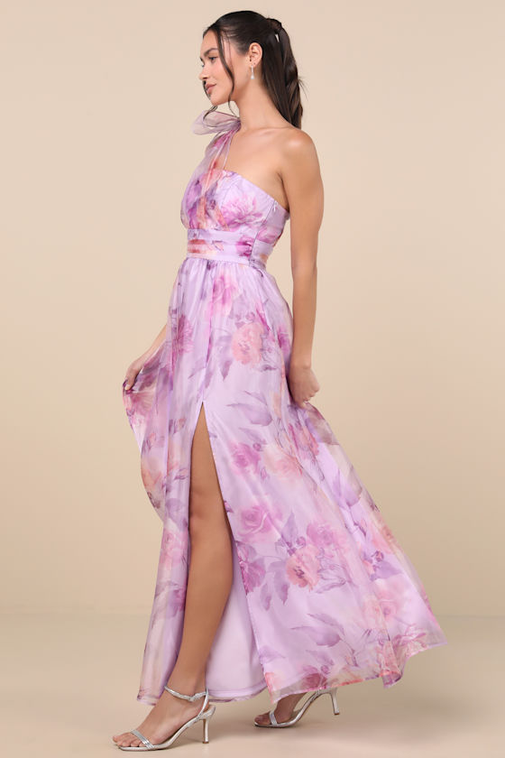 Lulus Dramatically Lovely Lavender Floral One-shoulder Maxi Dress In Purple