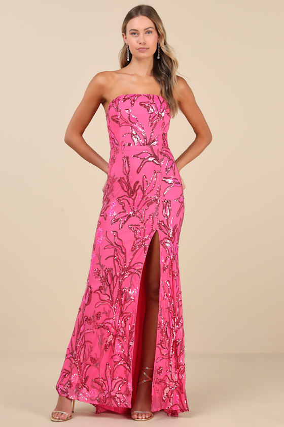 Lulus Shimmering Icon Hot Pink Sequin Lace-up Strapless Maxi Dress In Hot Pink