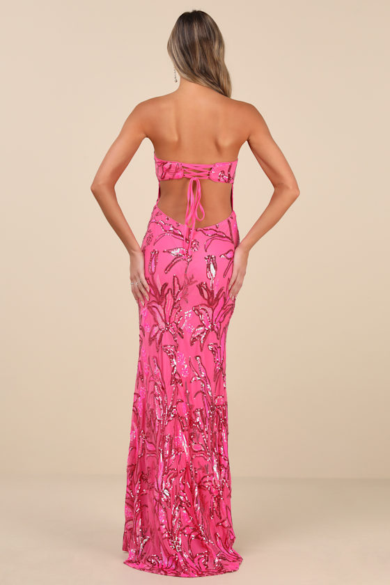 Lulus Shimmering Icon Hot Pink Sequin Lace-up Strapless Maxi Dress In Hot Pink