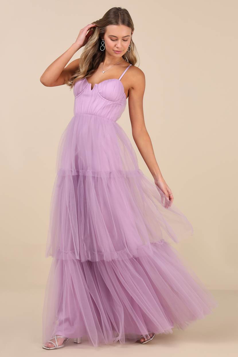 Unforgettable Poise Lilac Tulle Bustier Tiered Maxi Dress