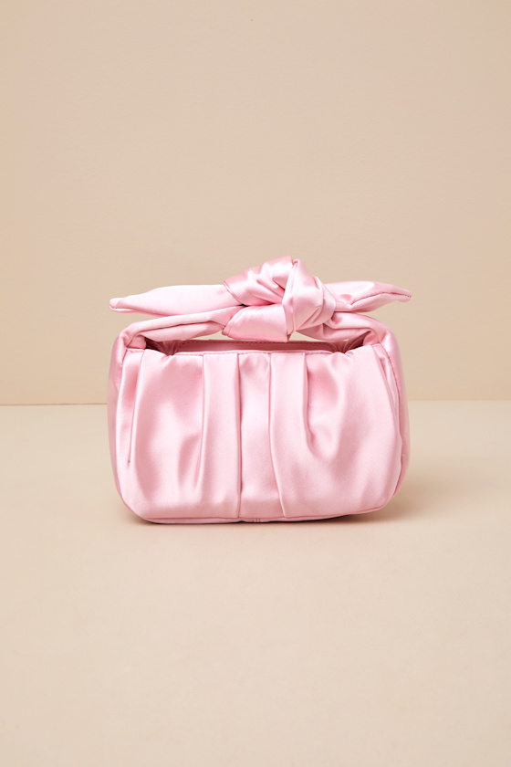 LULUS ESSENTIAL STYLE PINK SATIN KNOT HANDLE CLUTCH BAG 