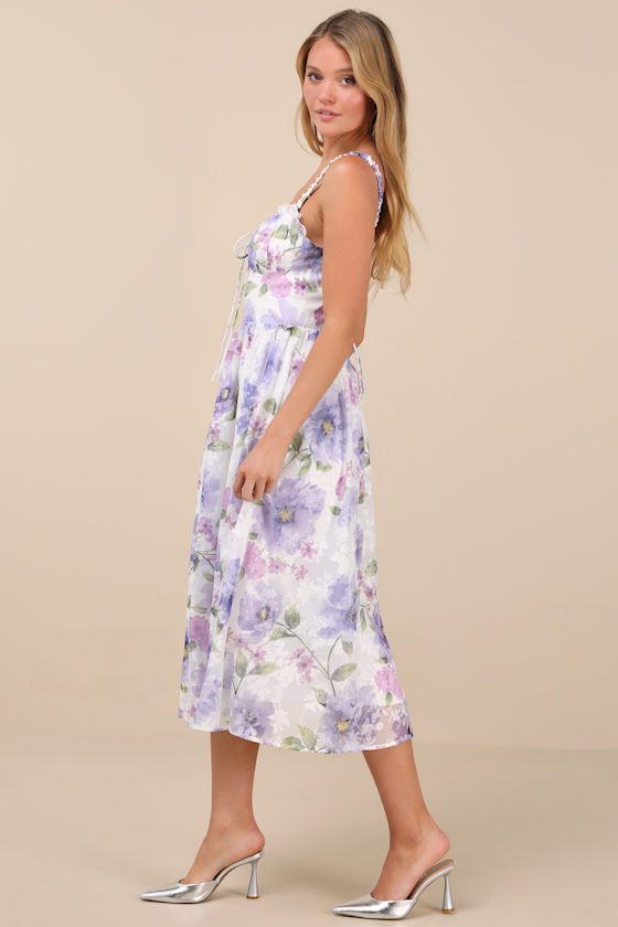 Lulus Hillela Ivory Floral Ruffled Lace-up Midi Skater Dress In Ivory