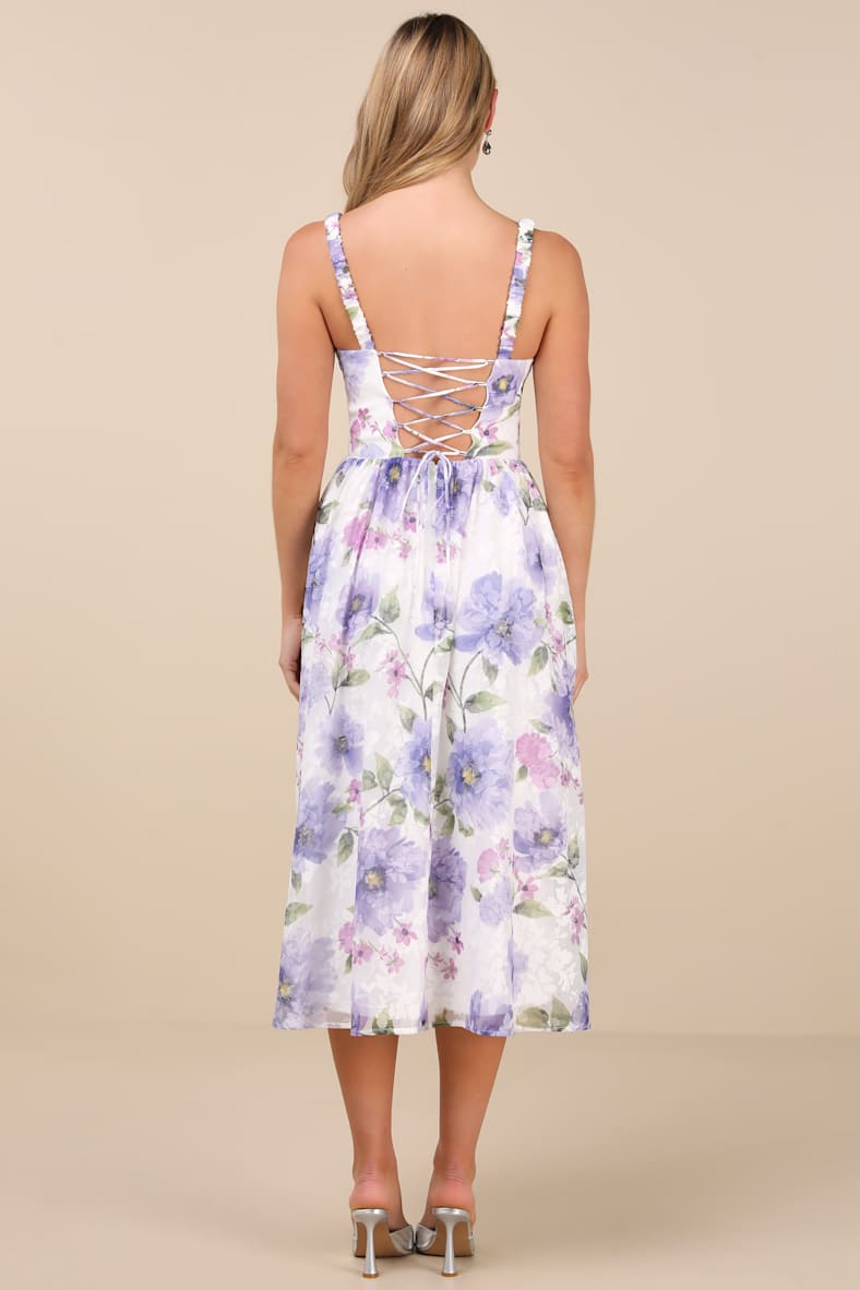 Hillela Ivory Floral Ruffled Lace-Up Midi Skater Dress
