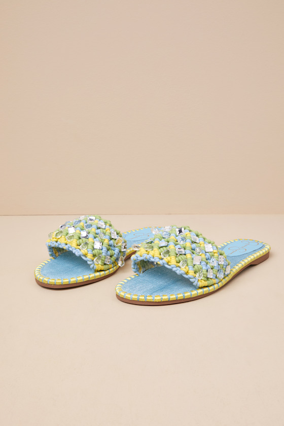 Jessica Simpson Brennara Chambre Lizard Woven Rhinestone Slide Sandals In Blue
