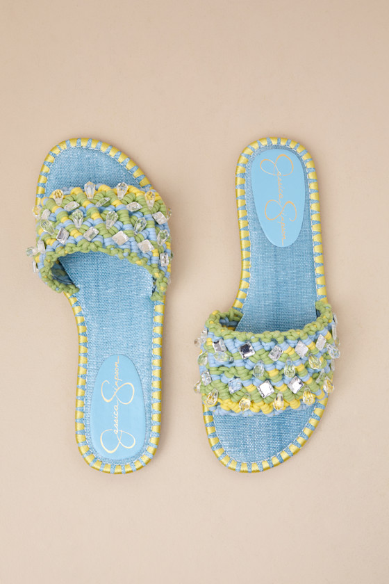 Jessica Simpson Brennara Chambre Lizard Woven Rhinestone Slide Sandals In Blue