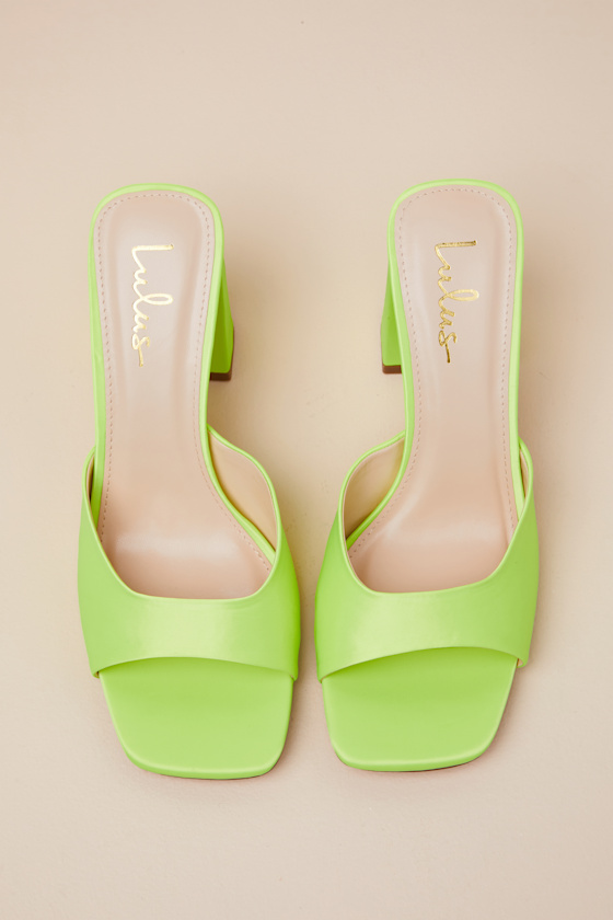 Lulus Preslie Lime Satin High Heel Slide Sandals In Green
