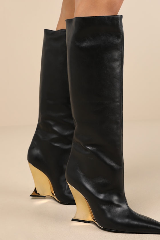 Siena Black and Gold Leather Knee-High Wedge Boots 2