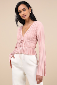 Staying Optimistic Light Pink Pleated Bell Sleeve Top