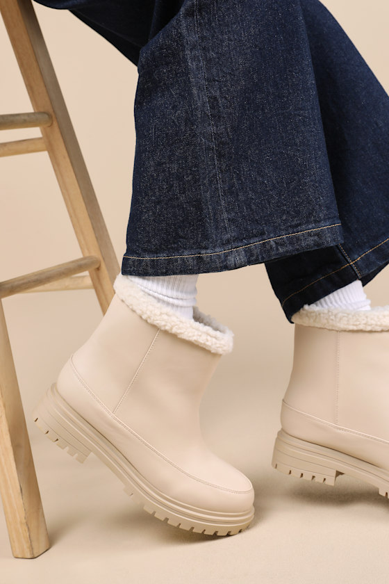 Cream Ankle Boots - Cute Faux Fur Booties - Slip-On Ankle Boots