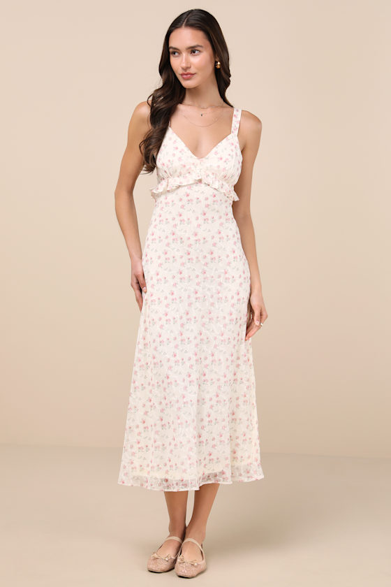 Valonia Cream Floral Ruffled Empire Waist Midi Dress Valonia Cream Floral Ruffled Empire Waist Midi Dress