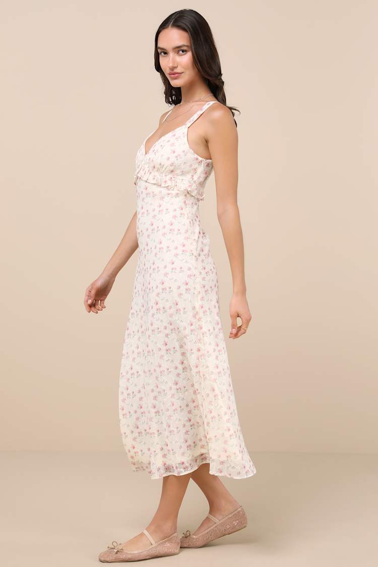 Cream Floral Dress - Ruffled Empire Waist Dress - Sleeveless Midi - Lulus