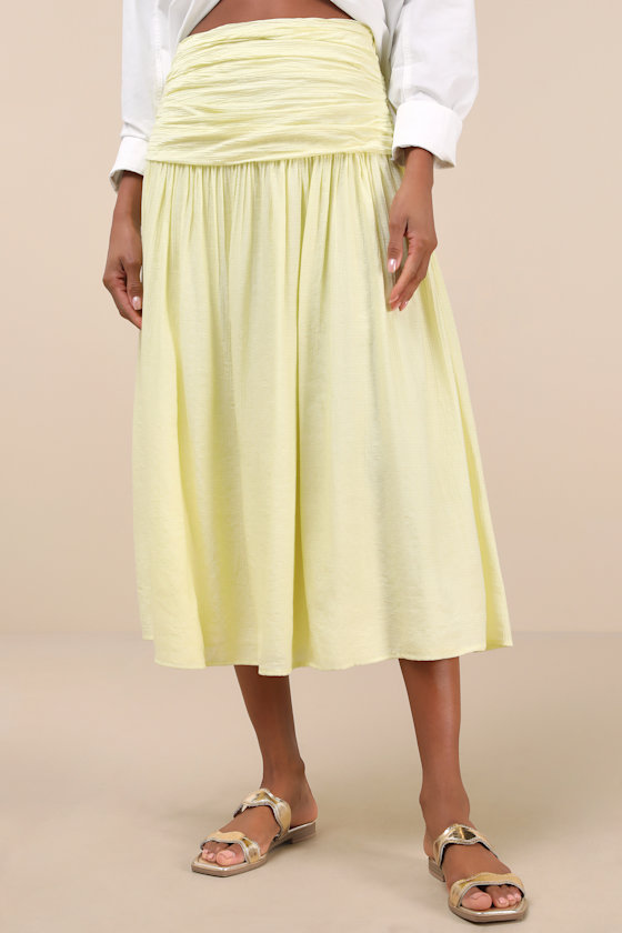 Kesia Light Yellow Textured A-Line Midi Skirt 3