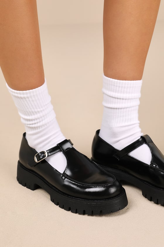 Leona Black Leather T-Strap Loafers 1