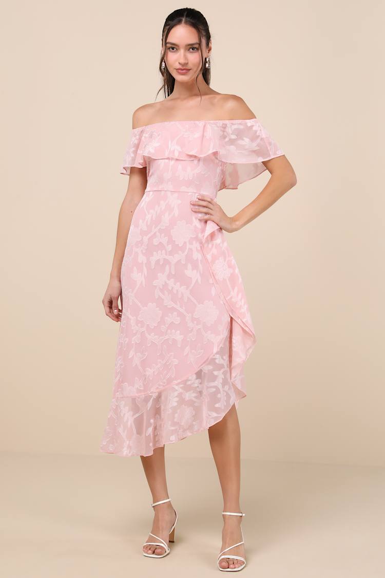 knee length dresses for ladies Gaelthar Off Shoulder Ruffle Midi Dress In Blush – Mew Mews main image 0