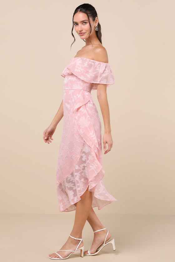 Lulus Pretty Perfect Blush Burnout Floral Off-the-shoulder Midi Dress In Pink