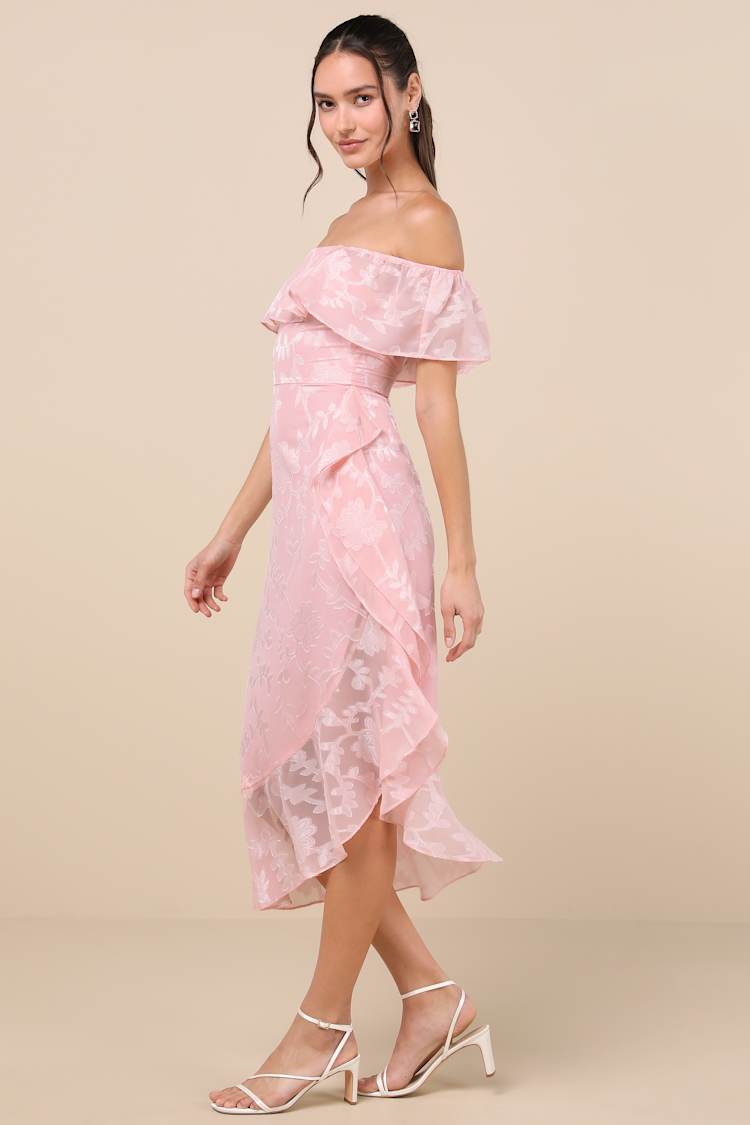 Pretty Perfect Blush Burnout Floral Off-the-Shoulder Midi Dress