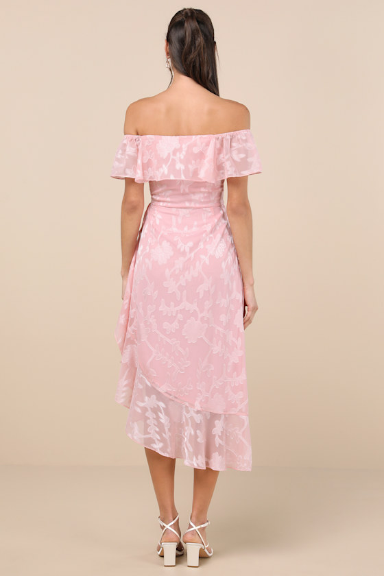 Lulus Pretty Perfect Blush Burnout Floral Off-the-shoulder Midi Dress In Pink