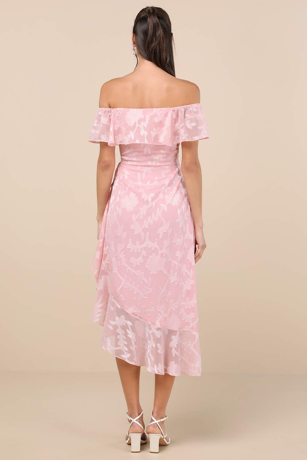 Pretty Perfect Blush Burnout Floral Off-the-Shoulder Midi Dress