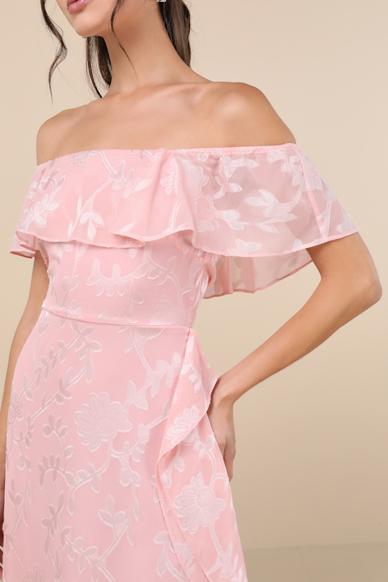 Lulus Pretty Perfect Blush Burnout Floral Off-the-shoulder Midi Dress In Pink