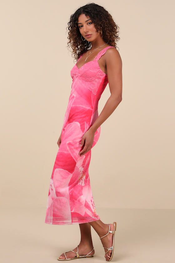 Shop Lulus Flirty Whimsy Hot Pink Floral Mesh Midi Dress