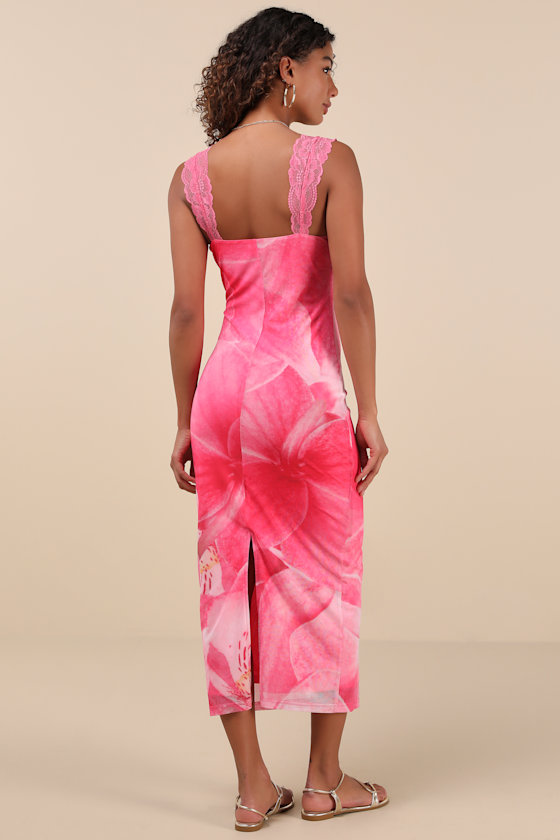 Shop Lulus Flirty Whimsy Hot Pink Floral Mesh Midi Dress