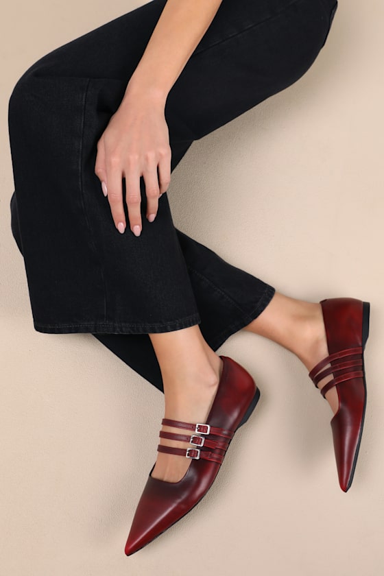 Hermine Red Leather Strappy Buckle Ballet Flats 1