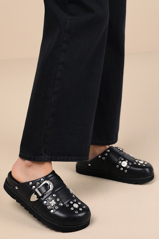 Lulus Briten Black Studded Flatform Buckle Mule Slides In Black