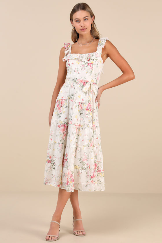 Lulus Shela Ivory Floral Jacquard Tiered Midi Dress In Ivory