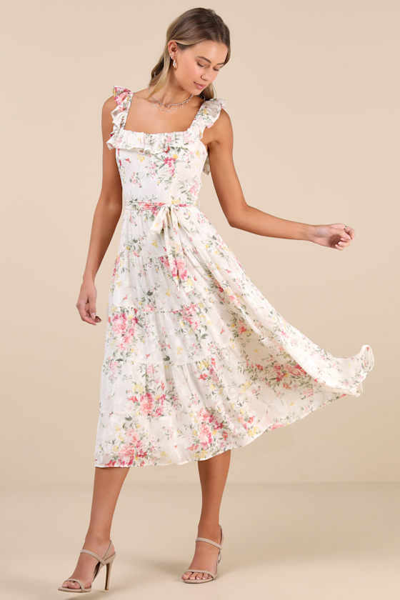 【yourmle】flower jacquard dress ivory Ivory Floral Midi Dress - Tiered Midi Dress - Ruffled Midi