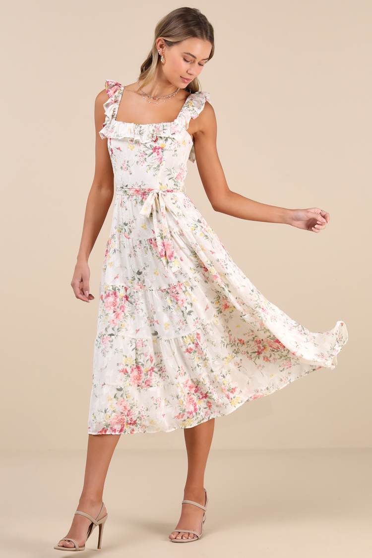 Lulus | Ivory Floral Jacquard Tiered Midi Dress | Womens | Large (Available in XS, S, M, XL) | 100% Polyester