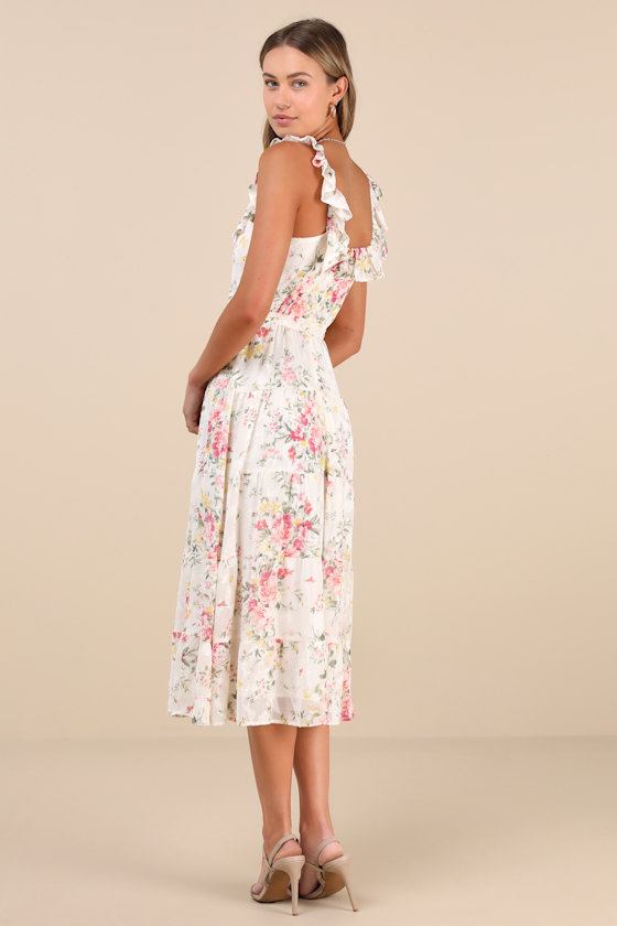 Lulus Shela Ivory Floral Jacquard Tiered Midi Dress In Ivory