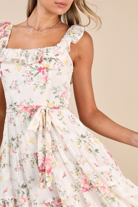 Lulus Shela Ivory Floral Jacquard Tiered Midi Dress In Ivory