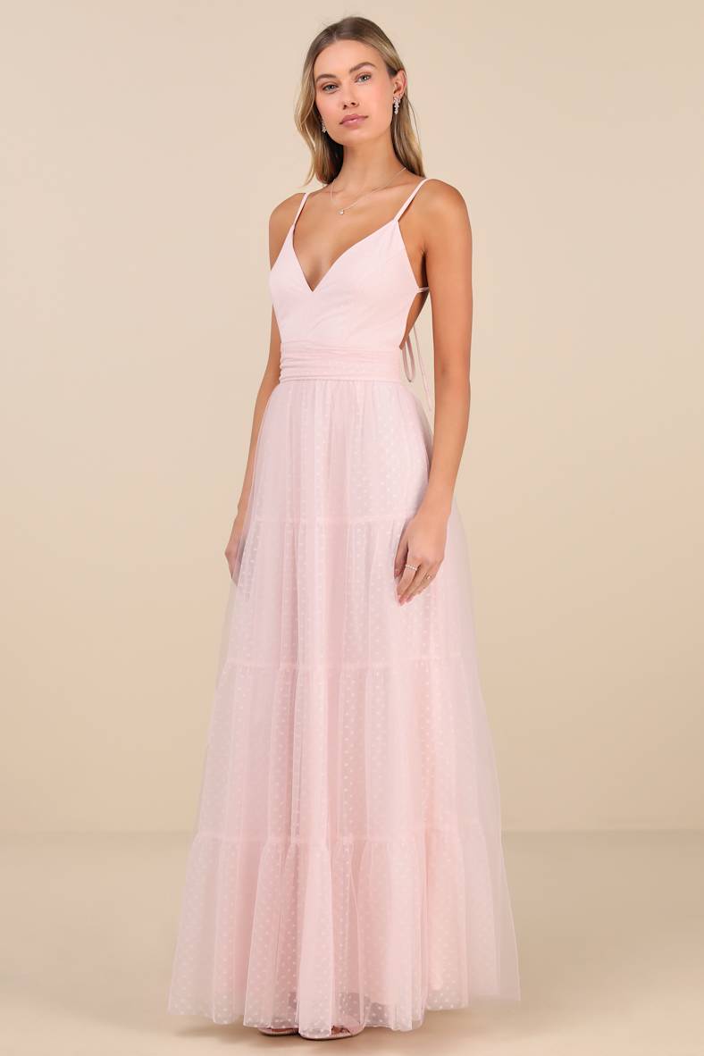 Liana Light Pink Swiss Dot Tulle Maxi Dress