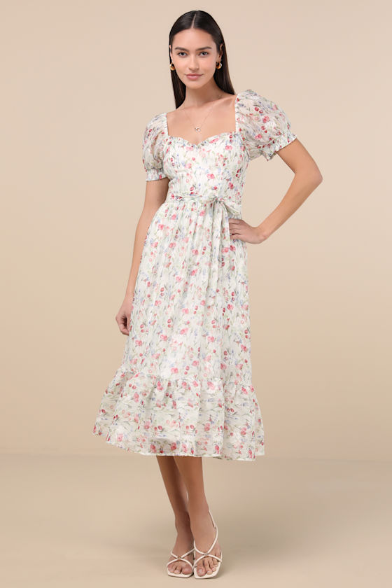 Lulus Galiena Ivory Floral Tiered Puff Sleeve Midi Dress In Ivory