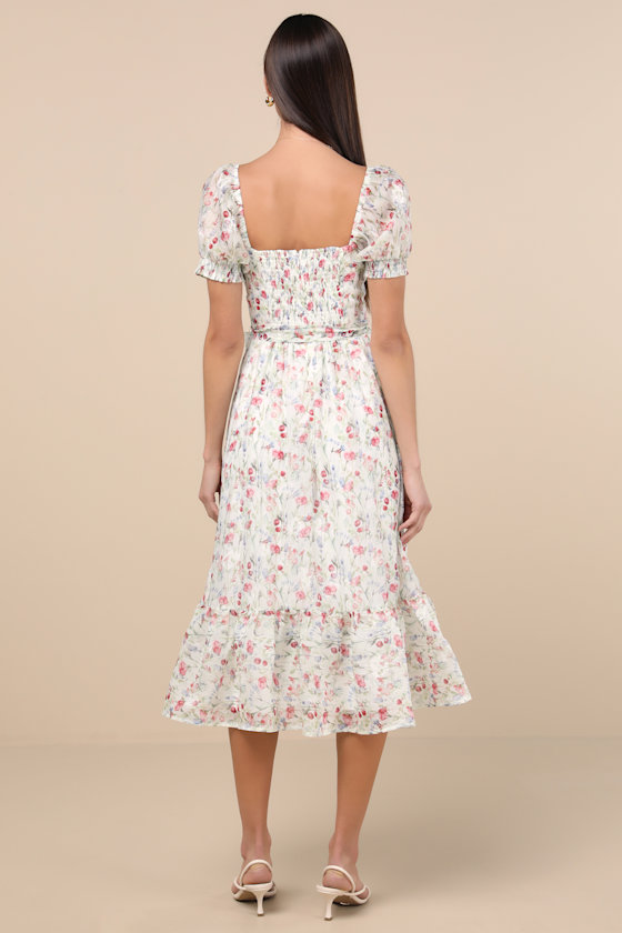 Lulus Galiena Ivory Floral Tiered Puff Sleeve Midi Dress In Ivory