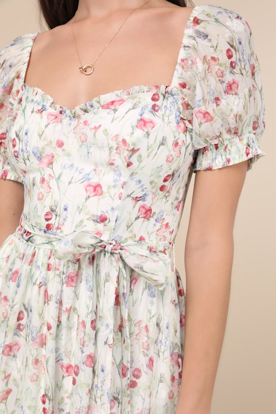 Lulus Galiena Ivory Floral Tiered Puff Sleeve Midi Dress In Ivory