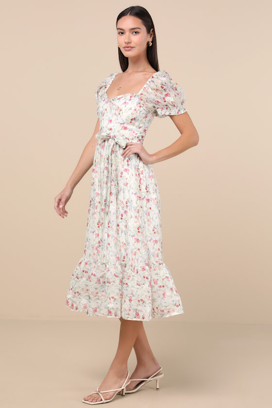 Lulus Galiena Ivory Floral Tiered Puff Sleeve Midi Dress In Ivory