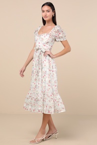 Galiena Ivory Floral Tiered Puff Sleeve Midi Dress