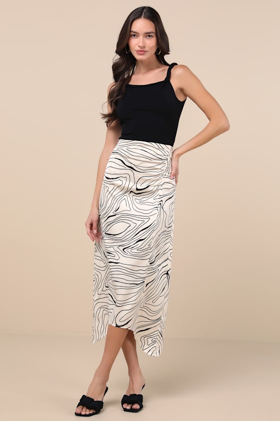 LULUS CLASSY INFLUENCE CREAM ABSTRACT ASYMMETRICAL MIDI SKIRT