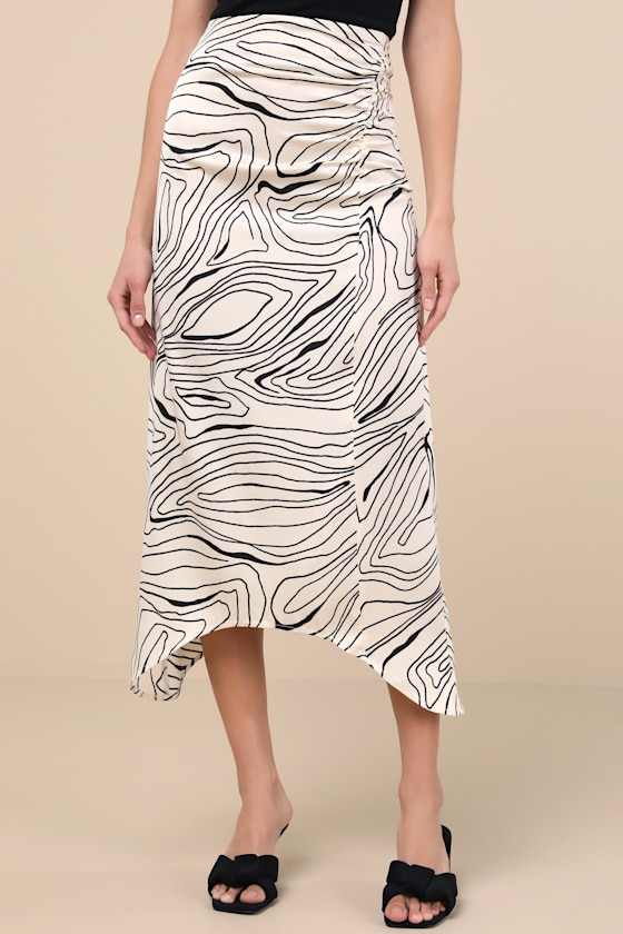 LULUS CLASSY INFLUENCE CREAM ABSTRACT ASYMMETRICAL MIDI SKIRT