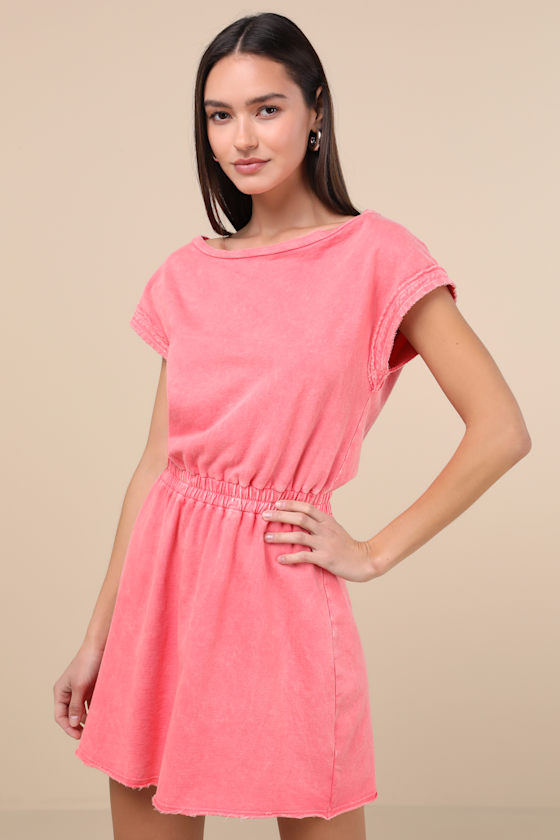 Lulus Definite Beauty Washed Coral Pink Short Sleeve Mini Dress In Coral Pink
