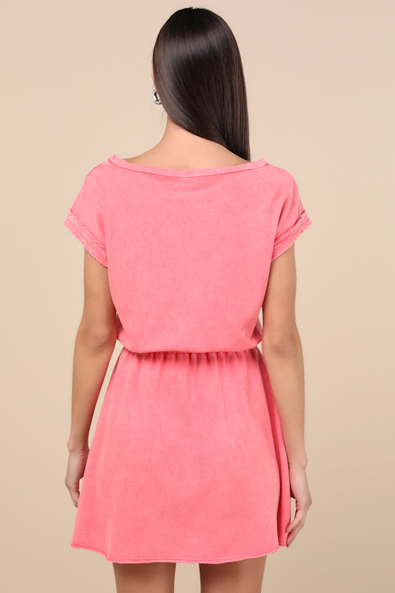 Lulus Definite Beauty Washed Coral Pink Short Sleeve Mini Dress In Coral Pink