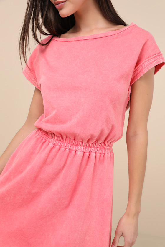 Lulus Definite Beauty Washed Coral Pink Short Sleeve Mini Dress In Coral Pink