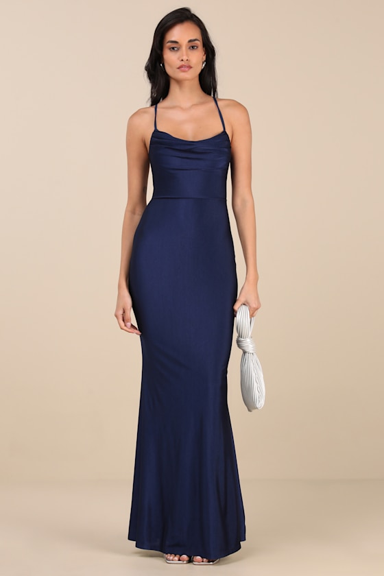 Lulus Cute Definition Navy Slinky Knit Cowl Neck Maxi Dress In Navy