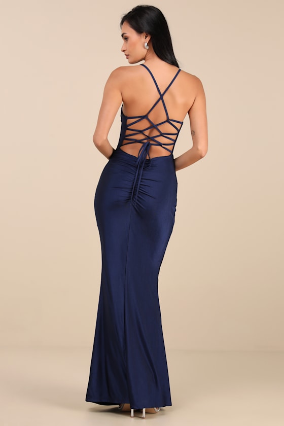 Lulus Cute Definition Navy Slinky Knit Cowl Neck Maxi Dress In Navy