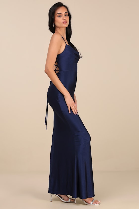 Lulus Cute Definition Navy Slinky Knit Cowl Neck Maxi Dress In Navy