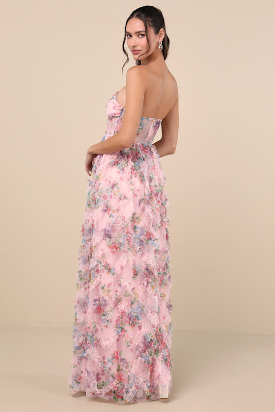 Shop Lulus Stunning Element Pink Floral Mesh Ruffled Strapless Maxi Dress