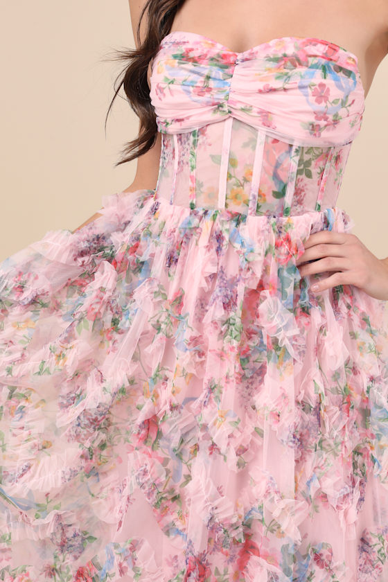 Shop Lulus Stunning Element Pink Floral Mesh Ruffled Strapless Maxi Dress