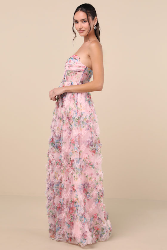 Shop Lulus Stunning Element Pink Floral Mesh Ruffled Strapless Maxi Dress