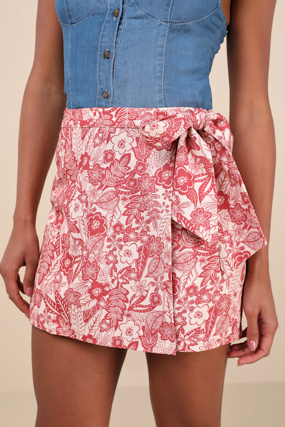 Lulus Kieu Red Floral Print Faux-wrap Mini Skirt In Red